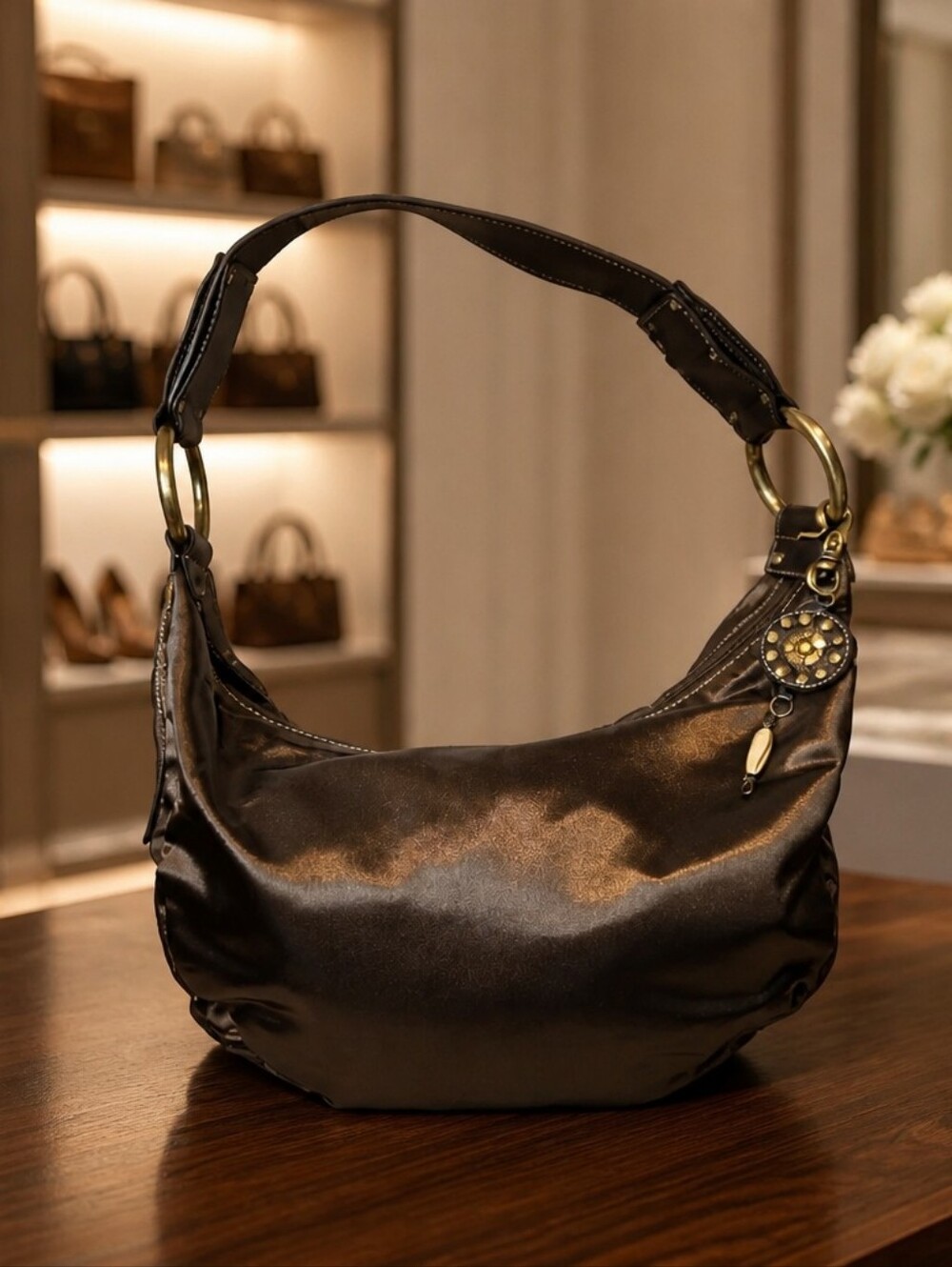 Franco Sarto Chocolate Brown Satin Hobo with Decorative Charm EUC